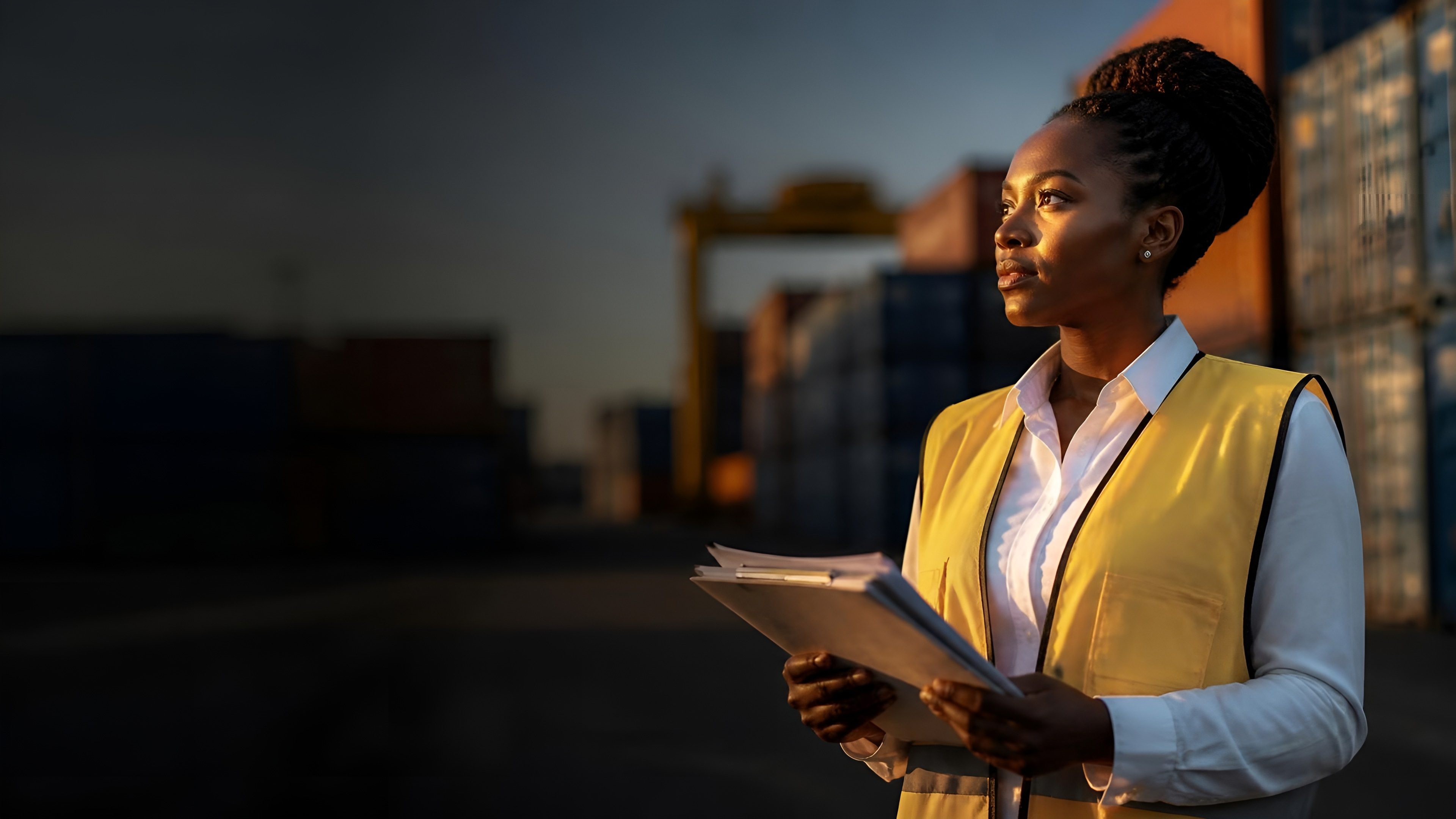 Logistics officer holding shipping documents at a port