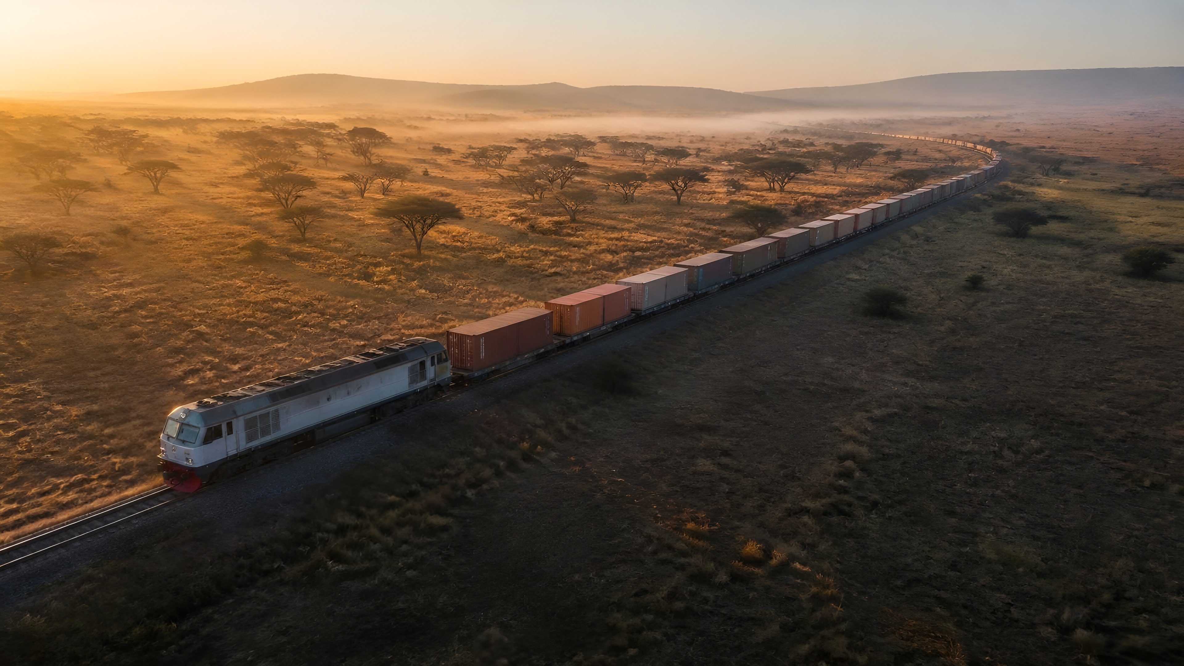 Freight train carrying containers across the savannah