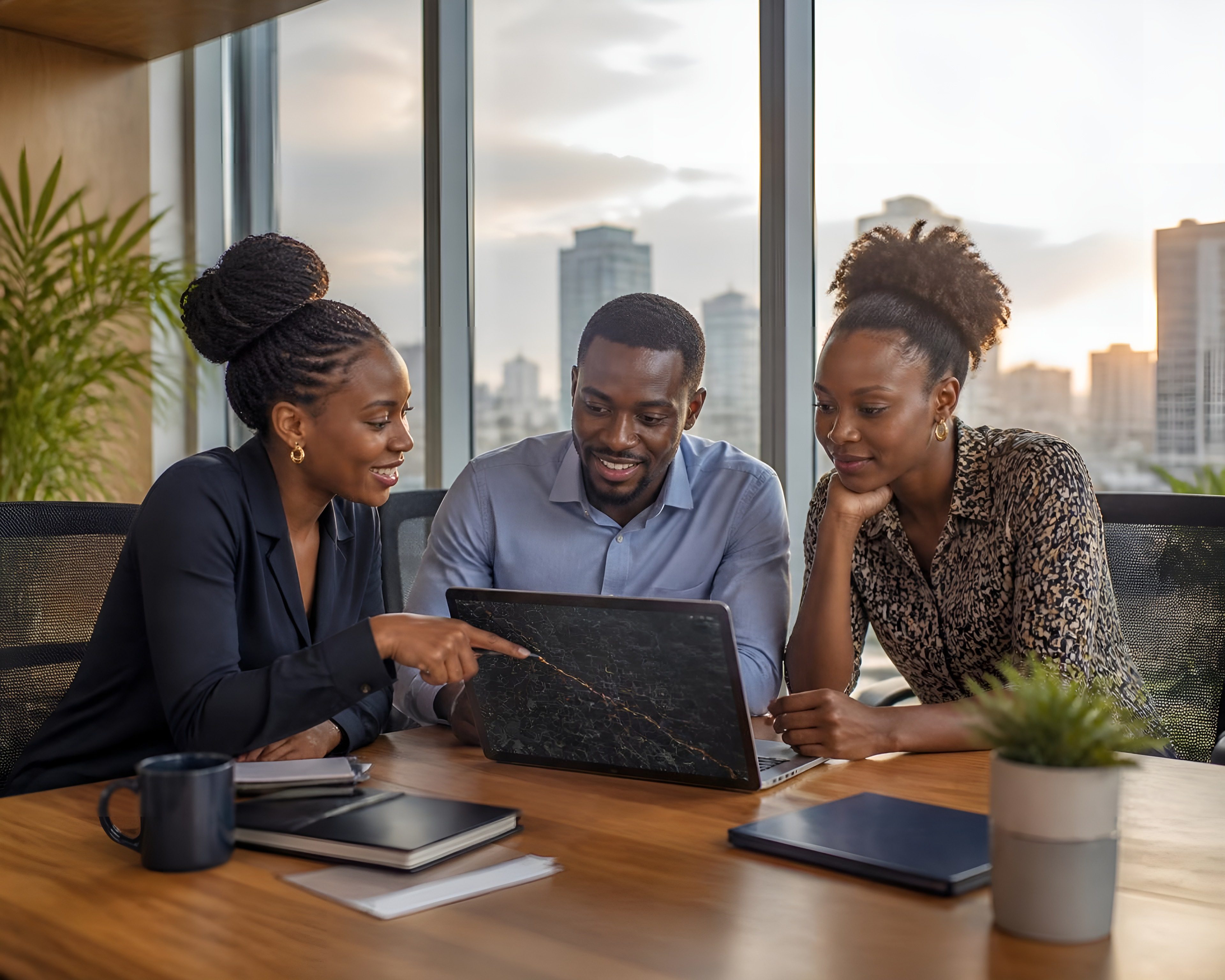 Three colleagues at a desk in a modern office
