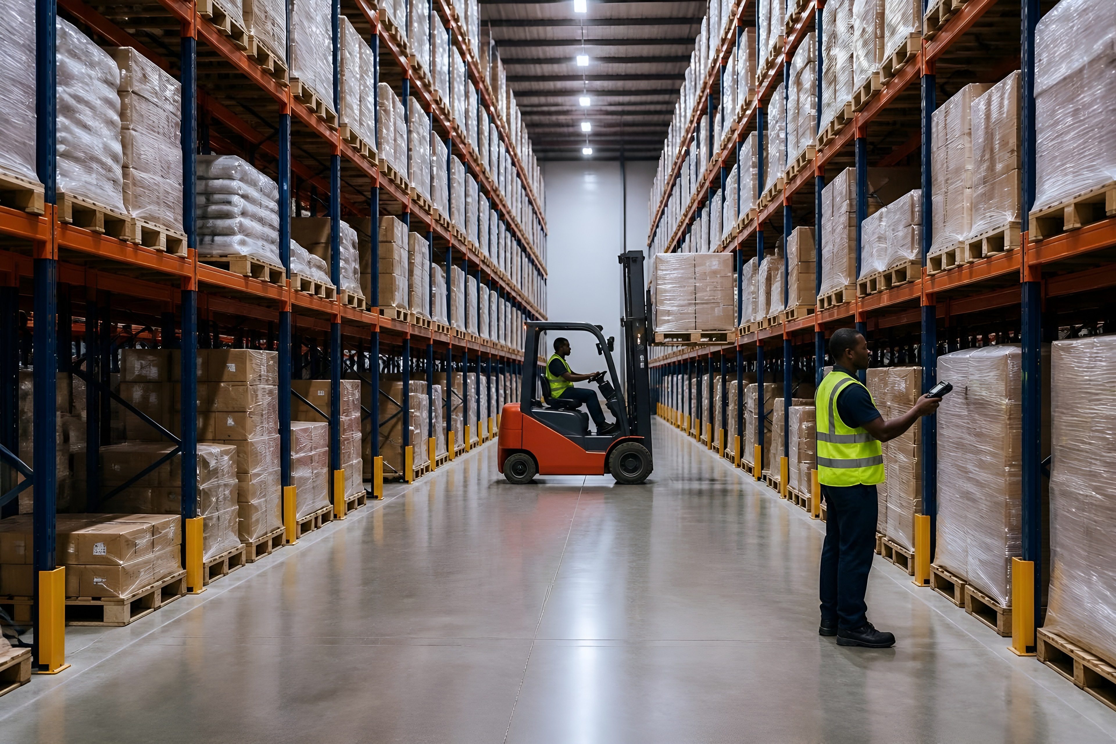 Warehouse aisle with high racking and stock